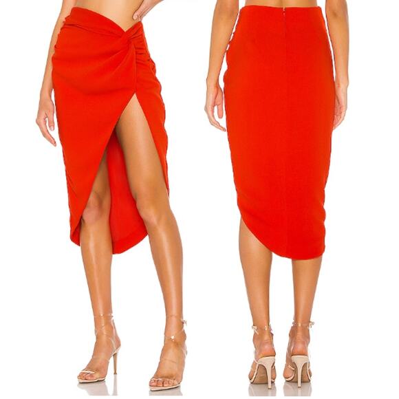 NBD Kayla High Waisted Surplice Front A-Line Midi Skirt Red Orange Women's XS